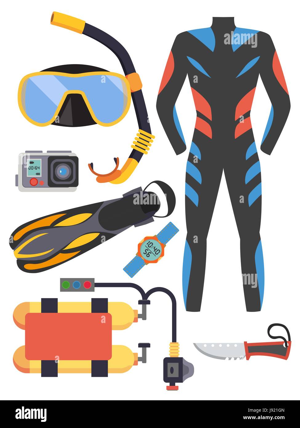 Snorkeling and scuba diving set of elements. Scuba-diving gear isolated. Diver wetsuit, scuba mask, snorkel, fins, regulator dive icons. Underwater activity diving equipment and accessories. Stock Vector