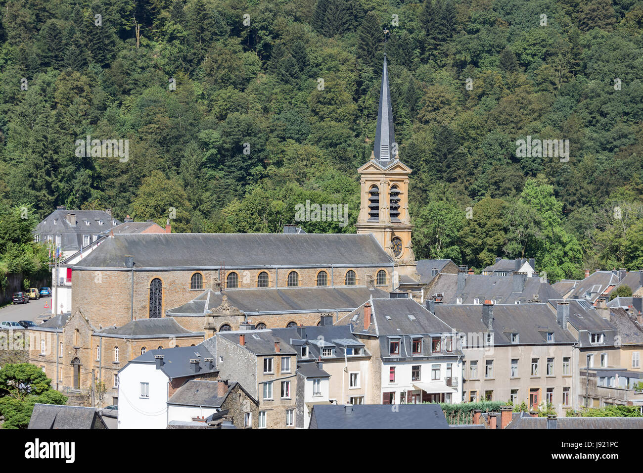 Aerial view at medieval city Bouillon with old church in Belgian