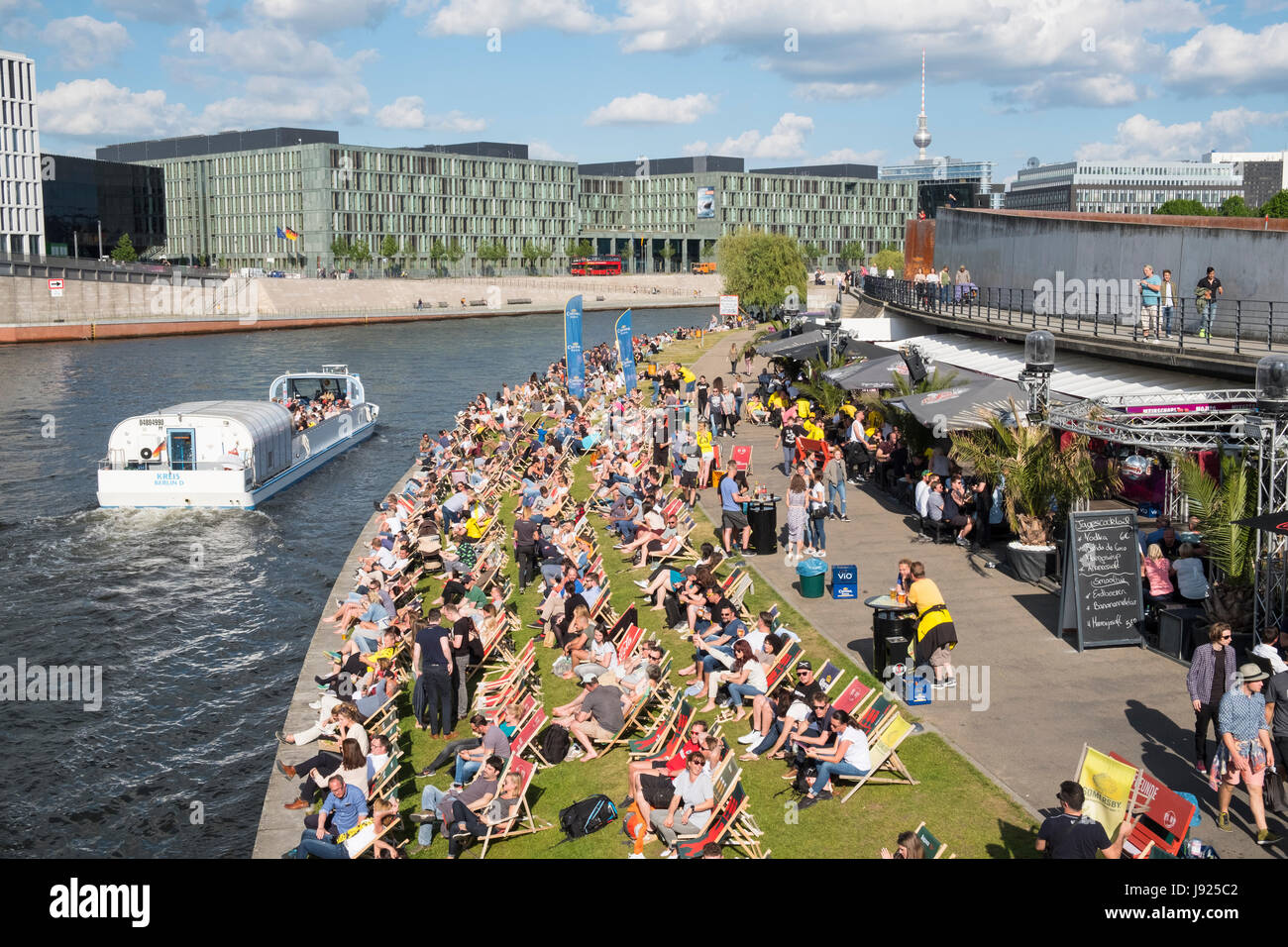 Berlin Riverside Outdoor riverside bar beside Spree River in summer in Berlin, Germany ...