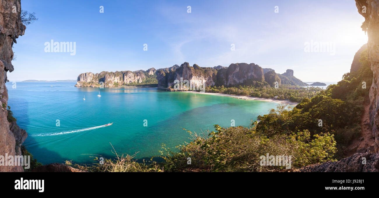 Panoramic aerial view of Railay beach landscape with sea, forest and cliffs, famous tropical paradise tourist destination near Krabi, Thailand Stock Photo