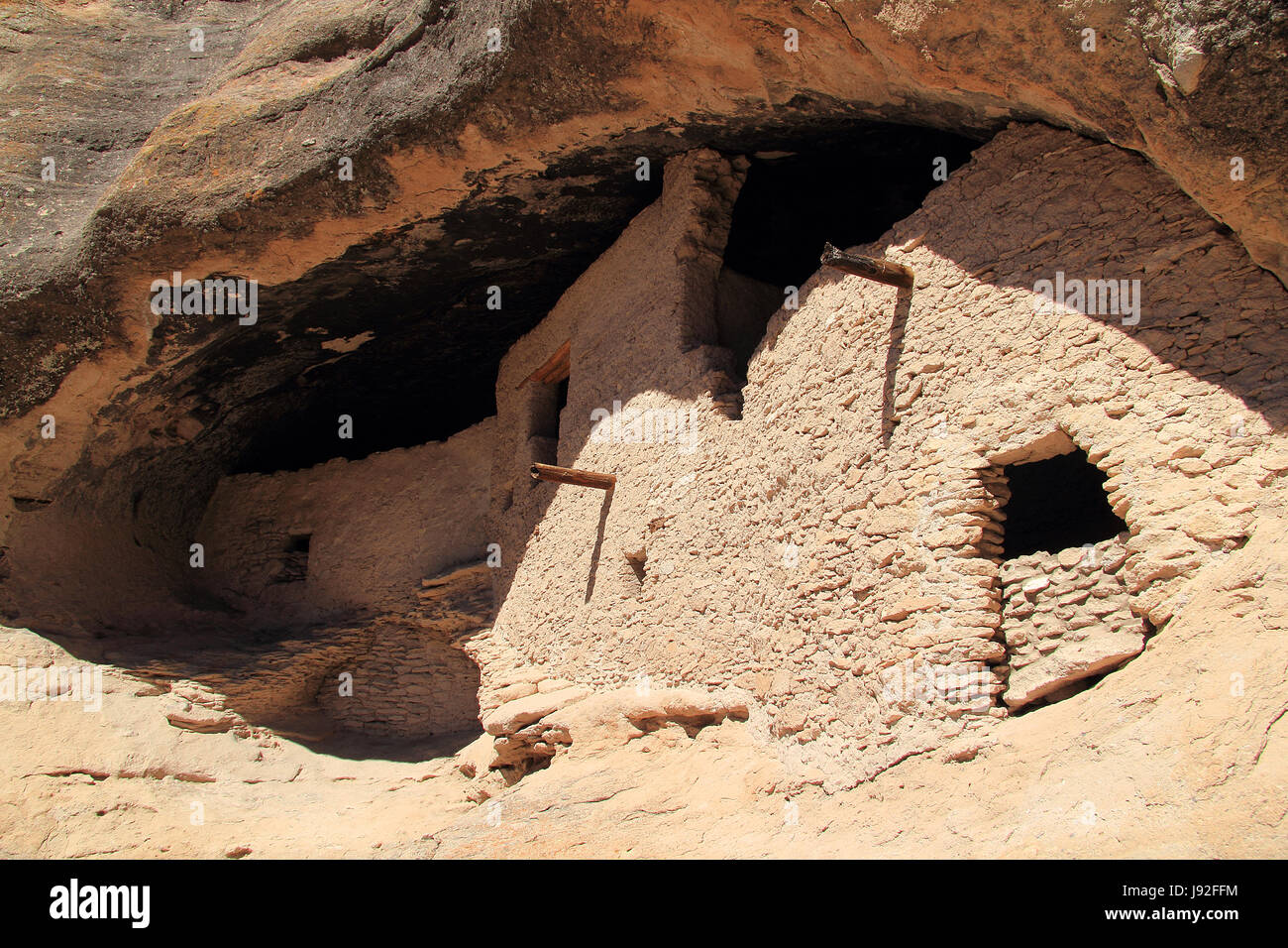 Gila Cliff Dwellings National Monument in New Mexico contains recreational trails, original Native American art, and impressive archaeological ruins Stock Photo