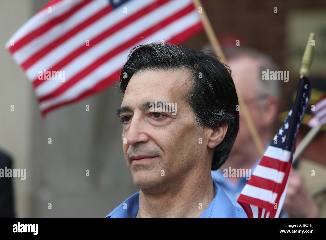 New York City, USA. 30th May, 2017. NY City Council Candidate & retired NYPD Captain Joe Concanon brought his Square Deal Committee to Queens Borough Hall for a press conference denouncing the city's decision to honor FALN member Oscar Lopez Rivera during the upcoming Puerto Rico Day Parade, & call on CUNY to rescind its invitation to have former Arab American Association of New York President Linda Sarsour speak at graduation ceremonies for its School of Public Health. Credit: Andy Katz/Pacific Press/Alamy Live News Stock Photo