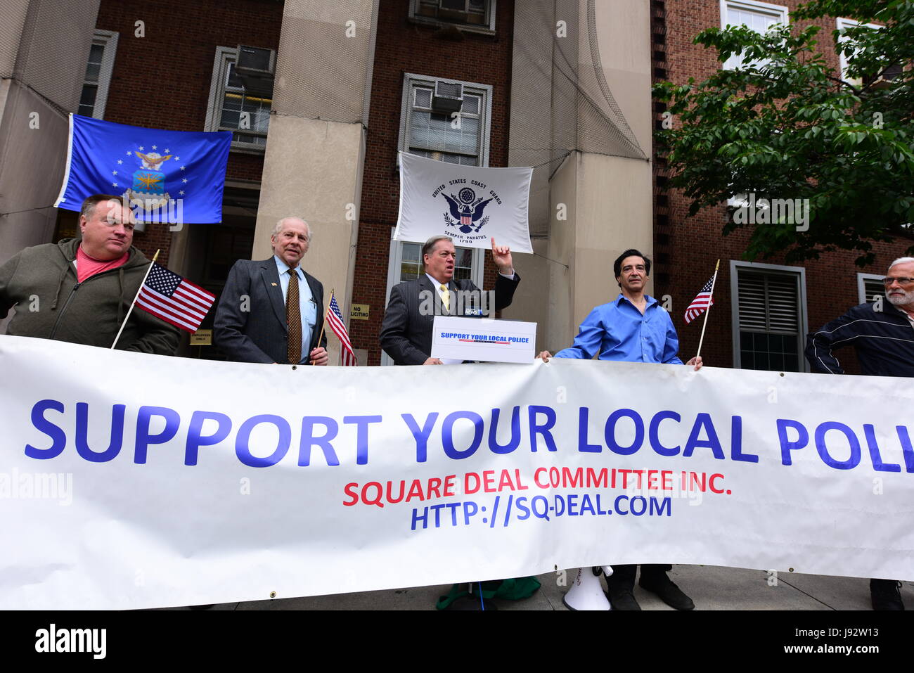 New York City, USA. 30th May, 2017. NY City Council Candidate & retired NYPD Captain Joe Concanon brought his Square Deal Committee to Queens Borough Hall for a press conference denouncing the city's decision to honor FALN member Oscar Lopez Rivera during the upcoming Puerto Rico Day Parade, & call on CUNY to rescind its invitation to have former Arab American Association of New York President Linda Sarsour speak at graduation ceremonies for its School of Public Health. Credit: Andy Katz/Pacific Press/Alamy Live News Stock Photo