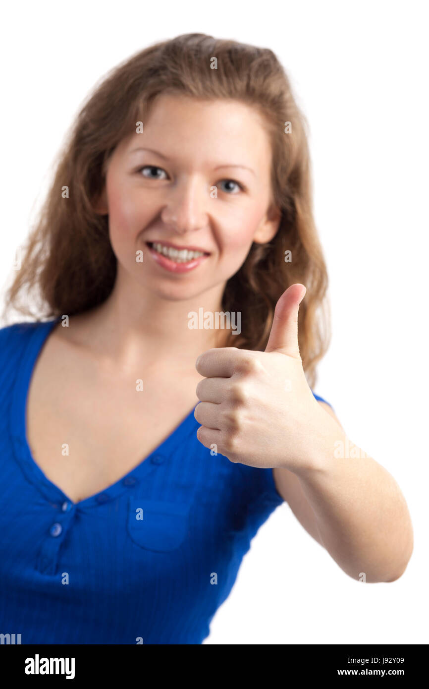 woman, ok, upstairs, consent, young, younger, thumbs, thumb, guy, woman, sign, Stock Photo