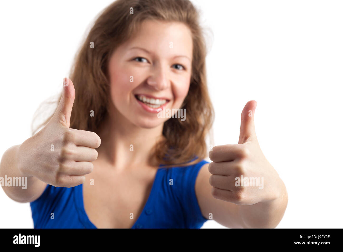 woman, ok, upstairs, consent, young, younger, thumbs, thumb, sign, signal, Stock Photo