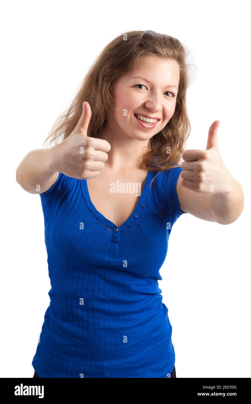woman, ok, upstairs, consent, young, younger, thumbs, thumb, woman, sign, Stock Photo