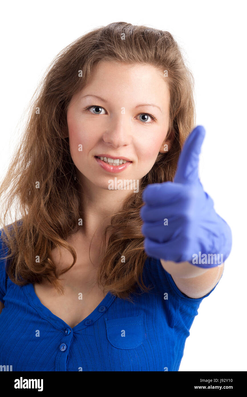 woman, blue, ok, hand signal, young, younger, high pressure area, thumbs, Stock Photo