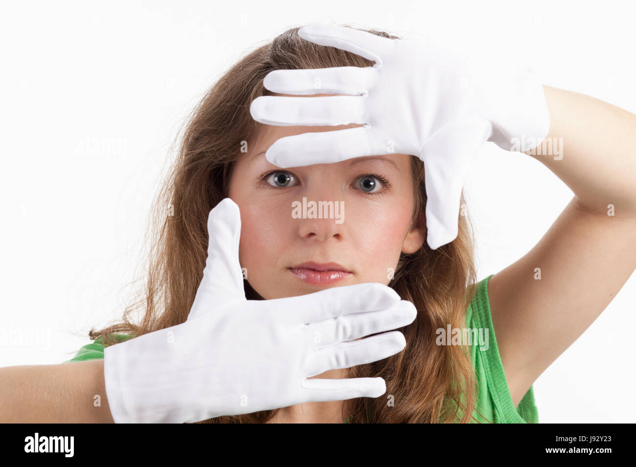 framed face of a young woman of white gloves Stock Photo - Alamy