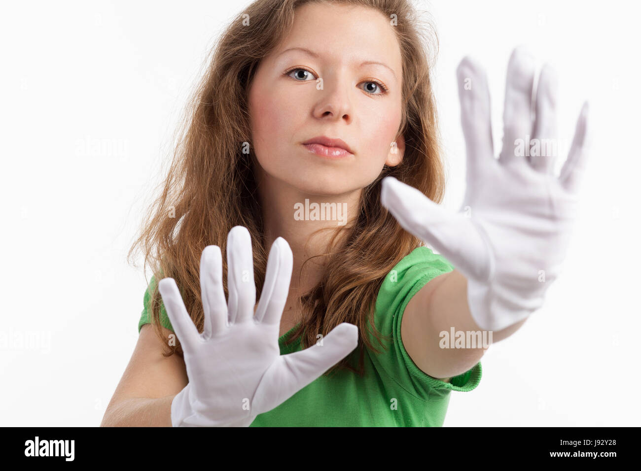 woman, fear, defense, displacement, defensive attitude, distance, stop, woman, Stock Photo