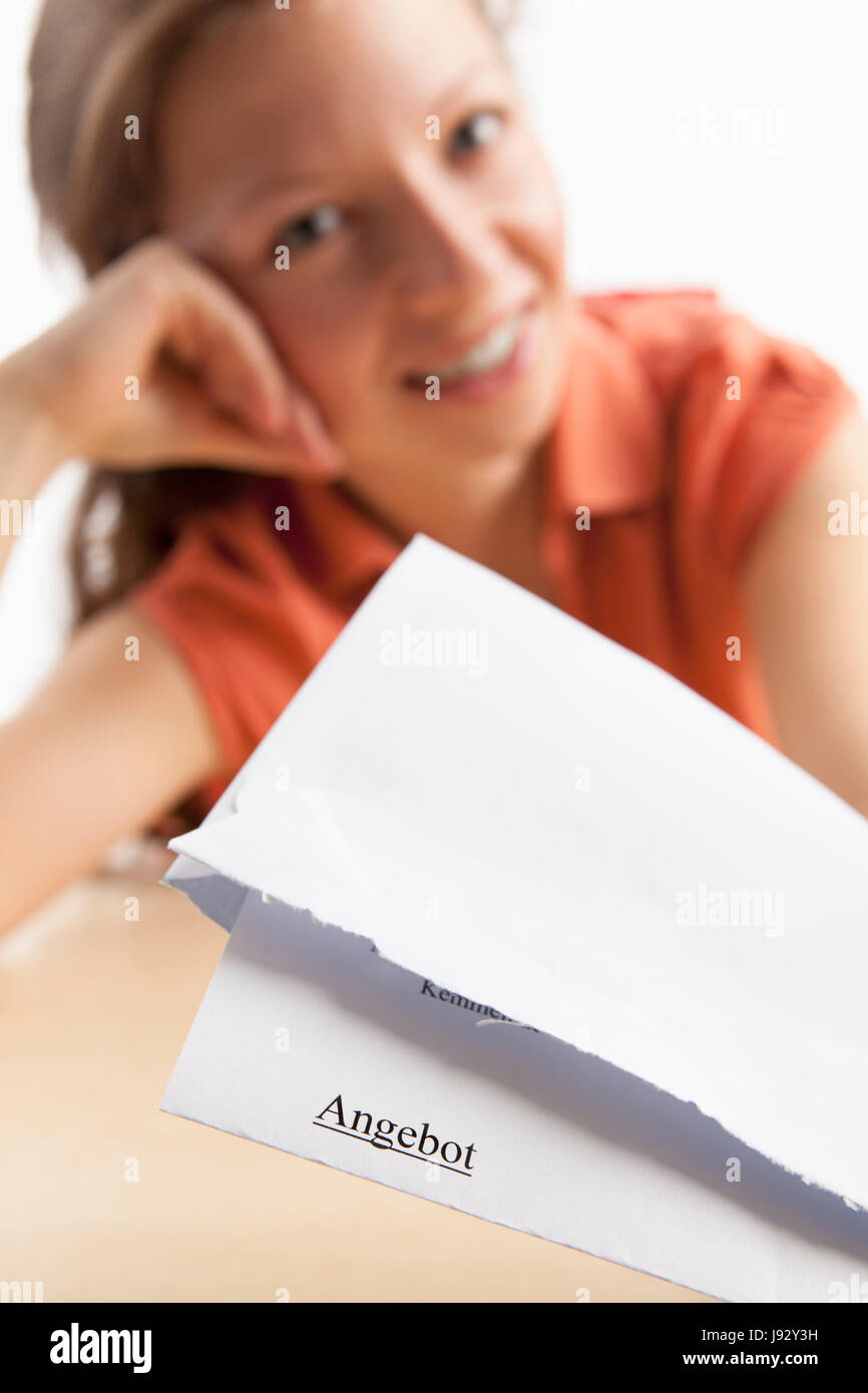 woman, promise, letter, offer, hope, enthusiasm, amusement, enjoyment, joy, Stock Photo