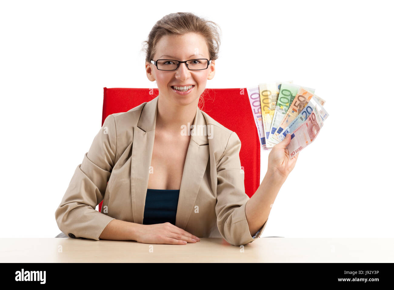woman showing happy a fan of euro notes Stock Photo