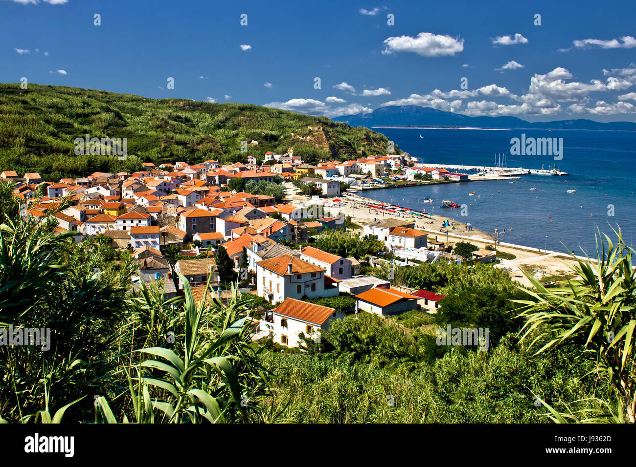 blue, city, town, croatia, island, community, village, market town, lawn, Stock Photo