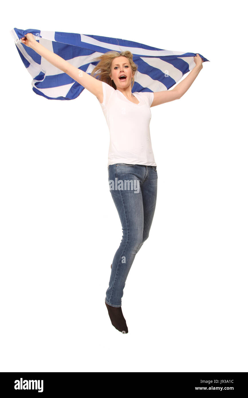 woman, greece, flag, supporter, fan, woman, sport, sports, isolated, optional, Stock Photo