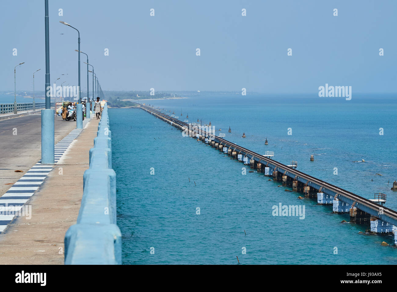 Pamban Bridge.India's first sea bridge across sea.Its a cantilever bridge.It opens up at center to make way for ships. Stock Photo