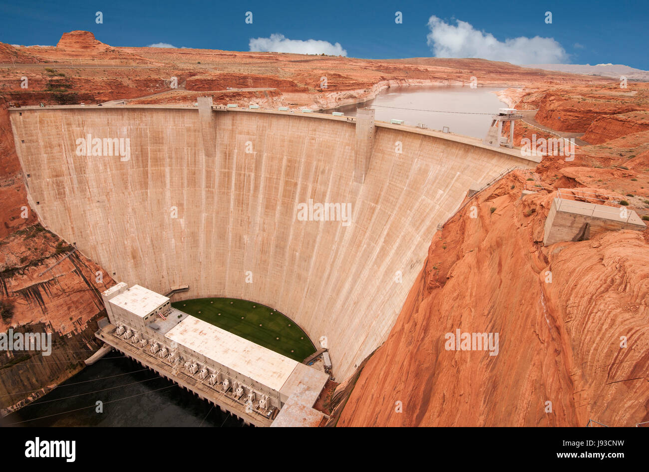 North America; United States; Arizona; Desert; Colorado River; Lake Powell; Glen Canyon Dam; 710 feet high; Desert; Hydroelectric. Stock Photo