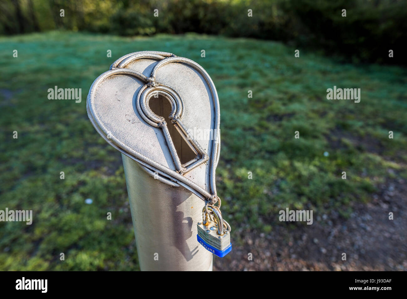 Key receptacle at the Lovers Lock sculpture , Queen Elizabeth Park, Vancouver, British Columbia, Canada. Stock Photo