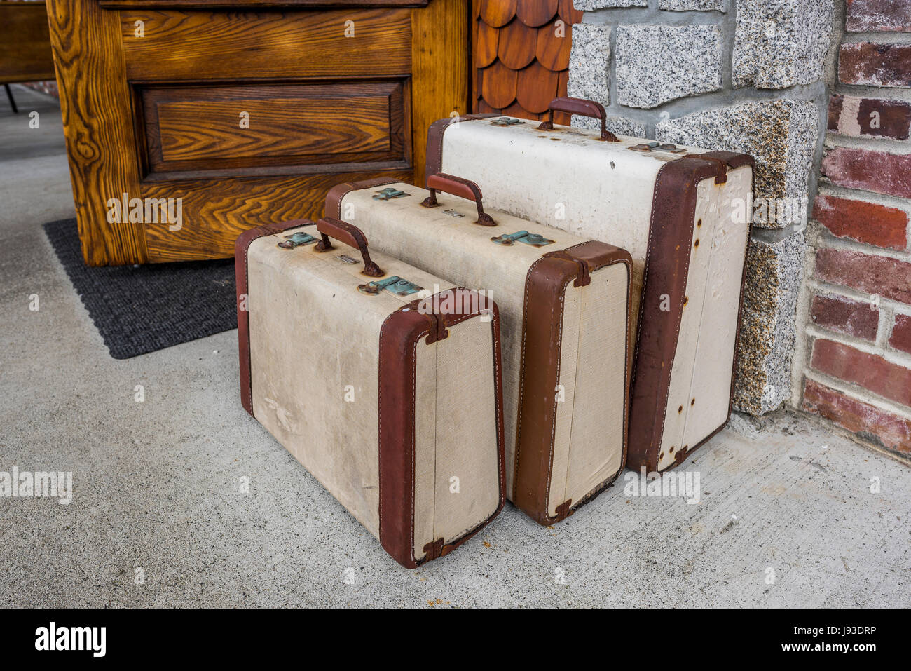 Suitcases art installation. The Inn at Tuff City, Tofino, Vancouver Island, British Columbia, Canada. Stock Photo