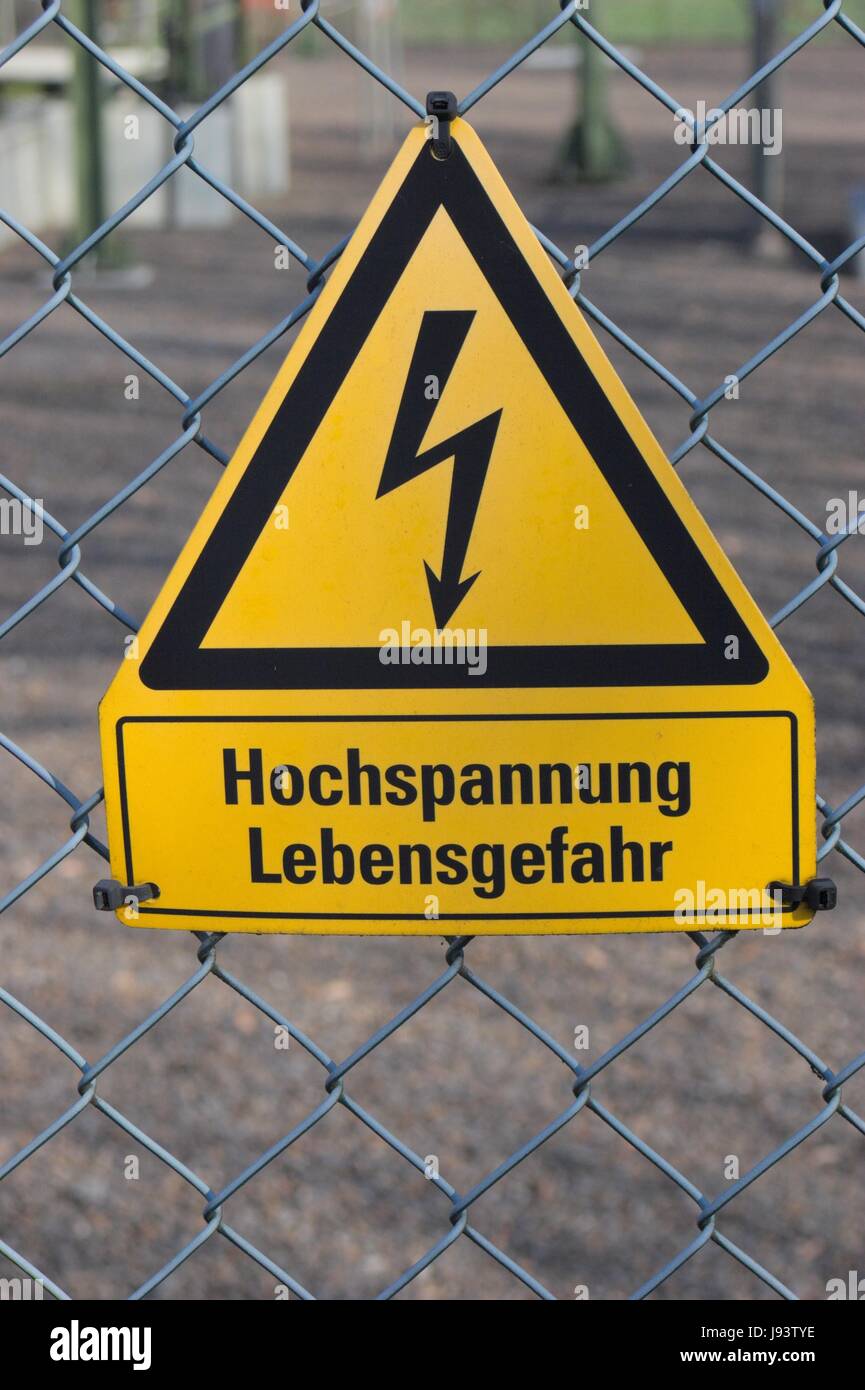 sign, signal, energy, power, electricity, electric power, high tension, danger Stock Photo