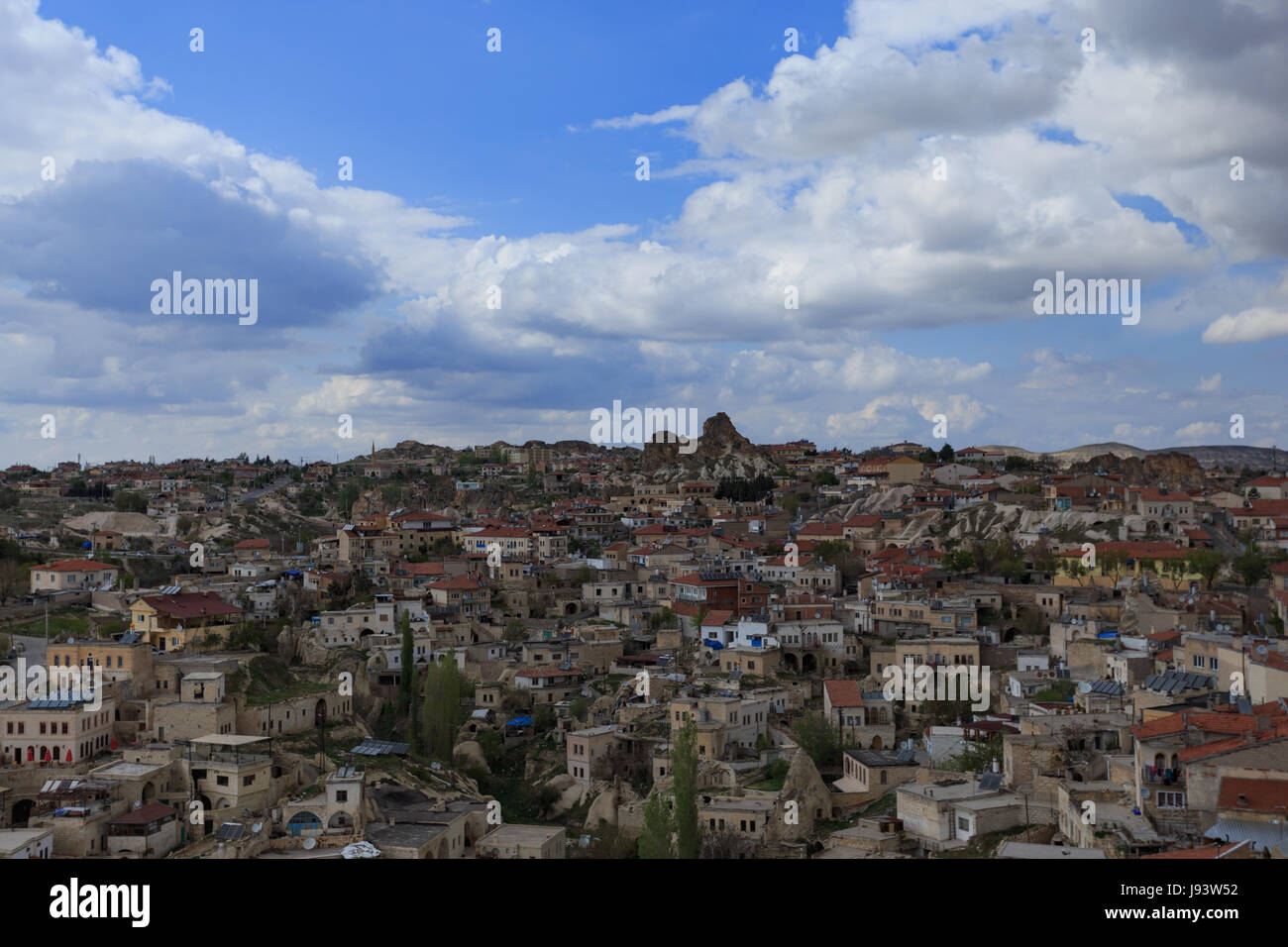 landscape of Goreme villae of Cappadocia with fairy chimneys and stone ...