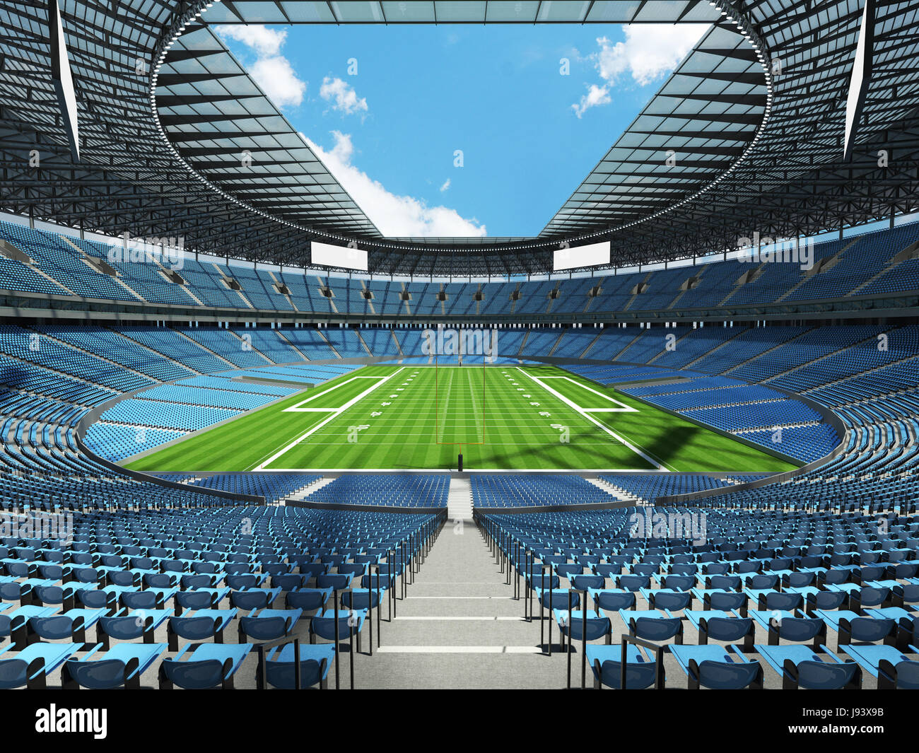 3D render of a round football stadium with sky blue seats, VIP boxes and blue sky for hundred thousand fans Stock Photo