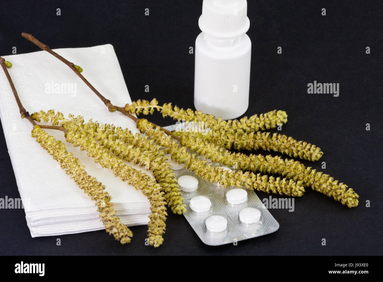 tablets, hayfever, handkerchief, allergy, allergic, eye drops, studio Stock Photo