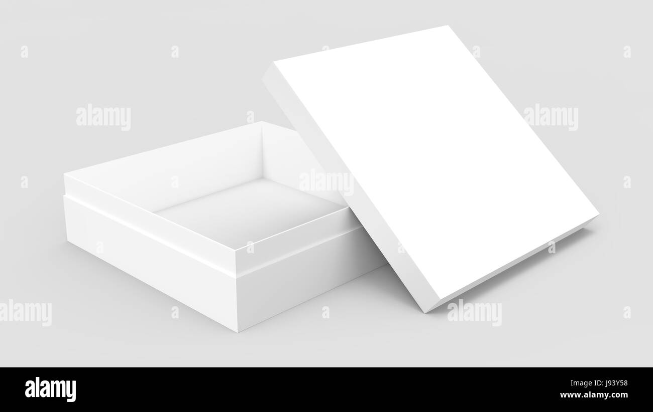 tilt white flat 3d rendering blank open box, isolated gray background ...