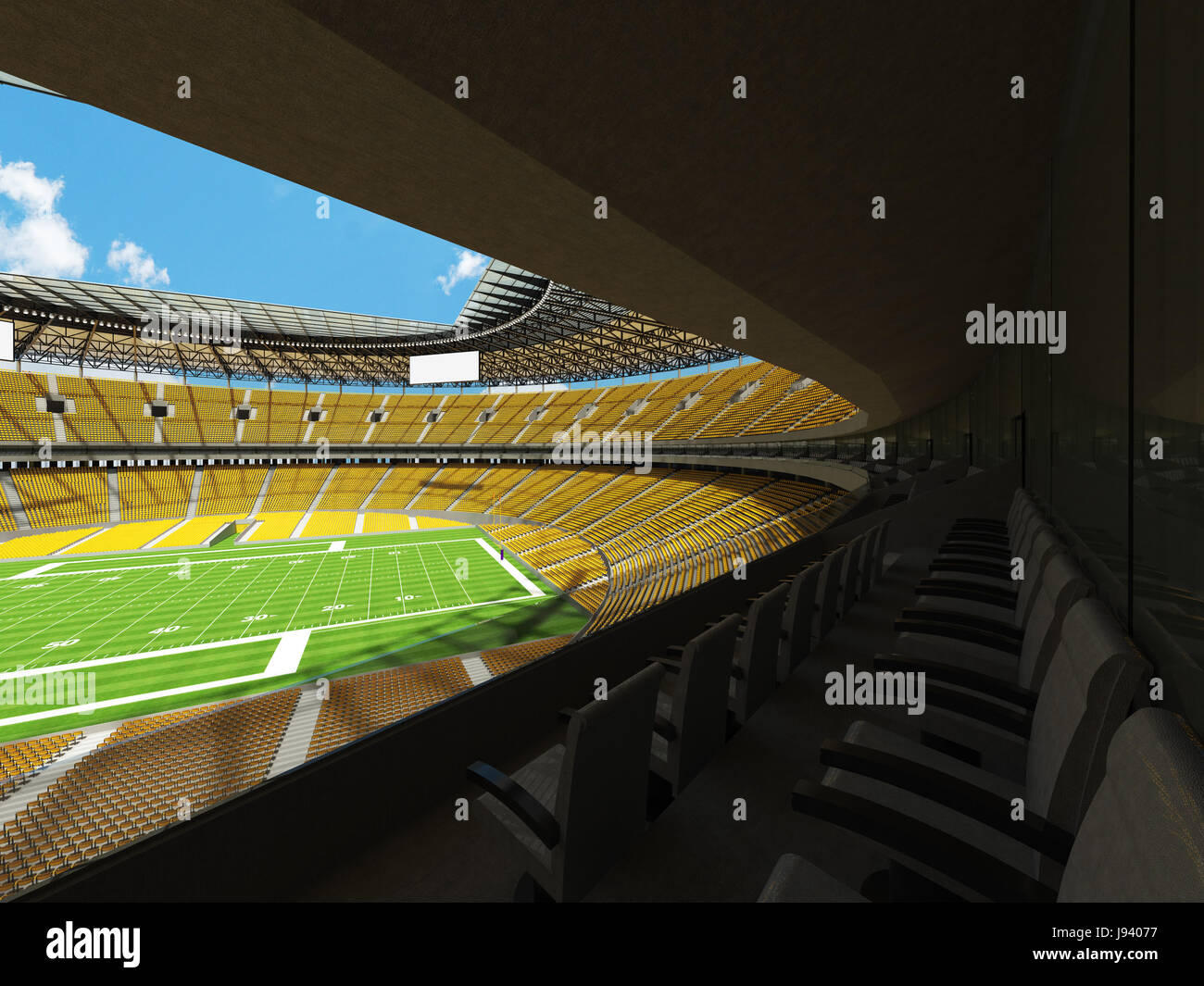 3D render of a round american football stadium with yellow seats and ...