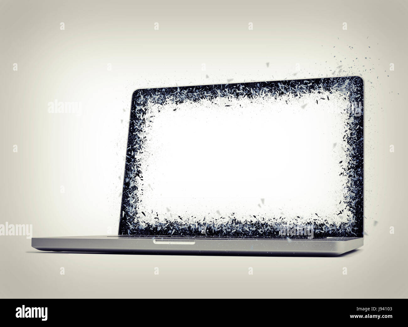 Screen from Laptop exploding and shattering on gradient background Stock Photo