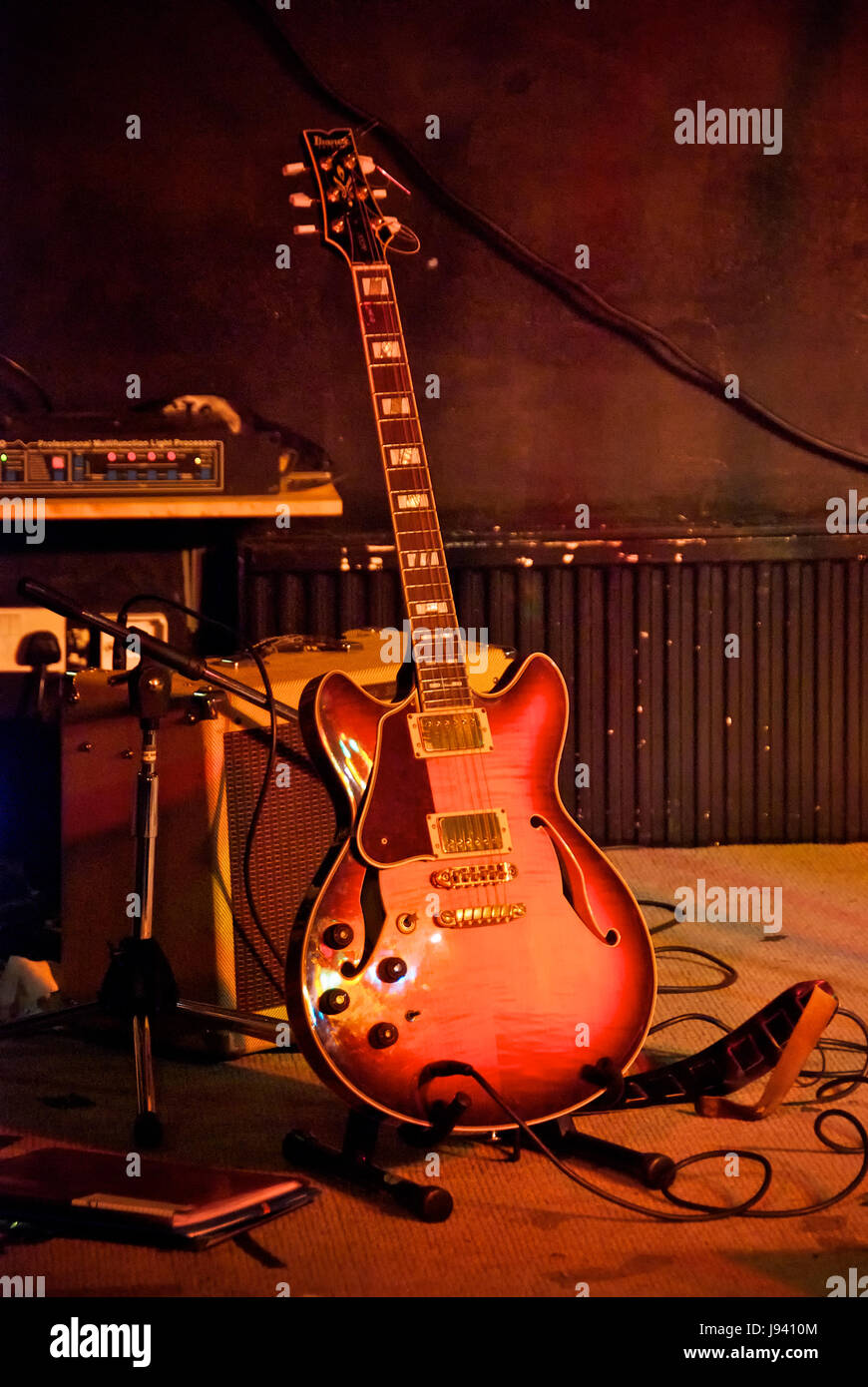 Band equipment on stage ready for a show Stock Photo Alamy