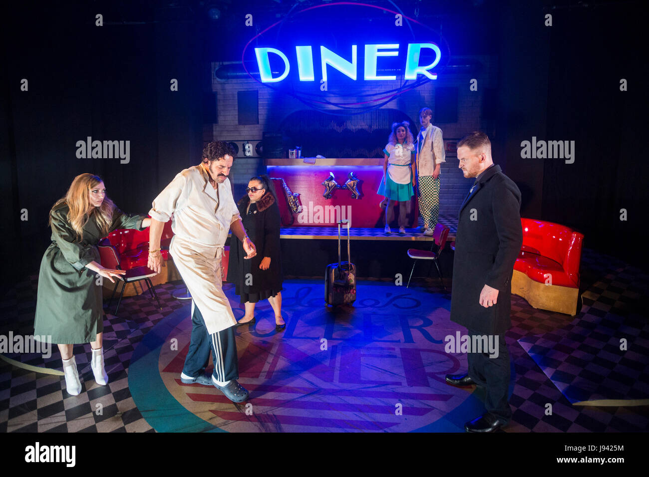 London, UK. 30 May 2017. Pictured L-R: Lucy McCormick, Rina Fatania, Joe Dixon, Lucie Shorthouse, Ricky Oakley, David Thaxton. Soho Theatre presents the UK Premiere of the 2015 Verity Bargate award-winning musical comedy Roller Diner, Home of the Full English Brexit, written by Stephen Jackson and directed by Soho Theatre's artistic director Steve Marmion. Cast: Lucy McCormick (Marika Malinsky), Joe Dixon (Eddie), David Thaxton (Roger), Rina Fatania (Jean), Lucie Shorthouse (Chantal) and Ricky Oakley (PJ). Performances run from 26 May to 24 June 2017. Stock Photo