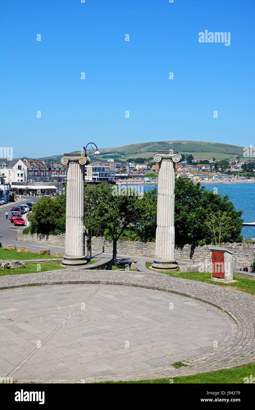 Contemporary mock Roman ampitheatre with views of the town and sea to the rear, Swanage, Dorset, England, UK, Western Europe. Stock Photo