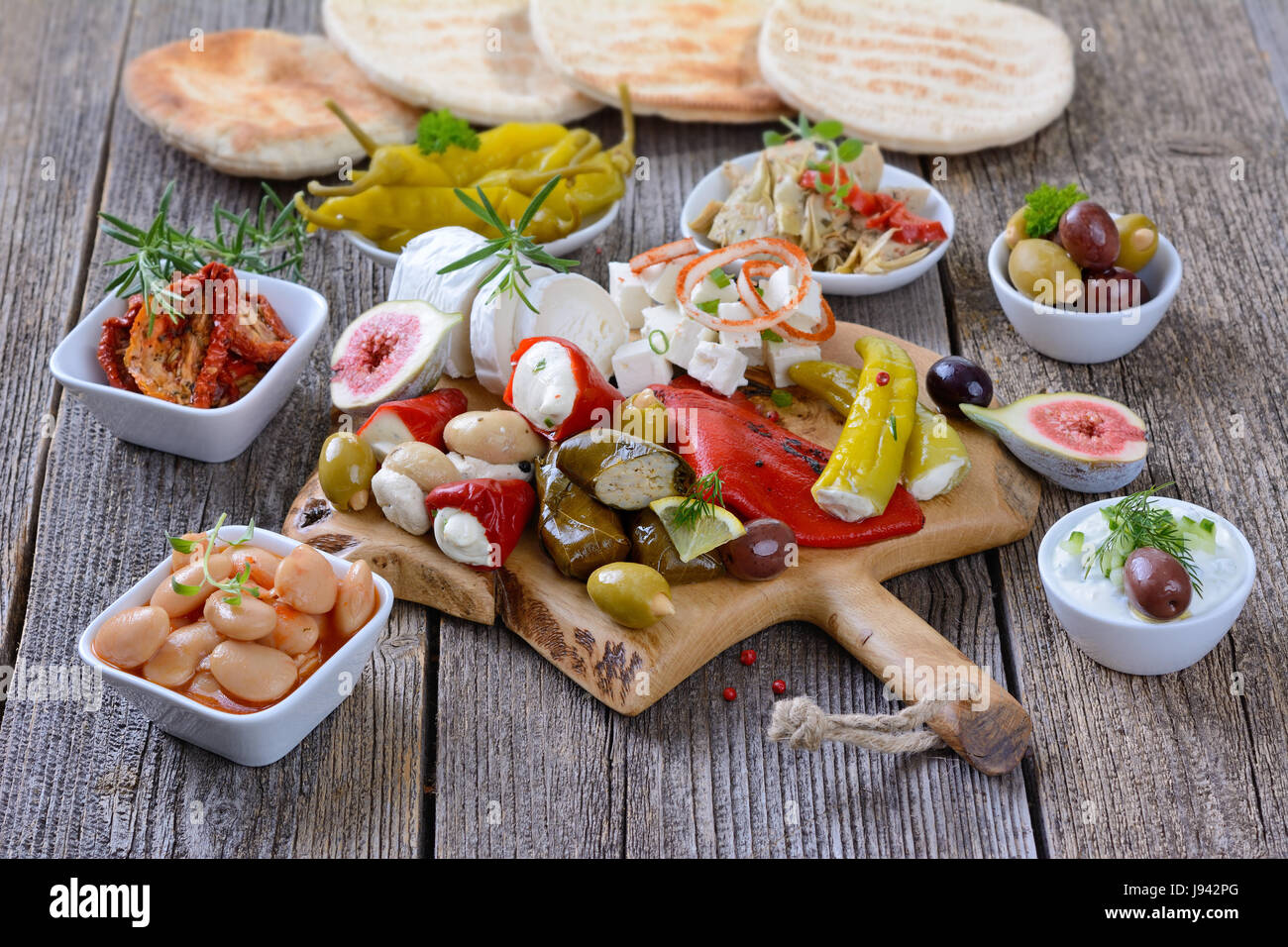 A selection of typical Greek appetizers with pita bread Stock Photo Alamy