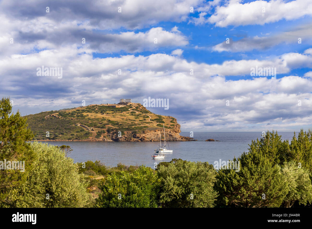 distant view on Temple of Poseidon at Cape Sounion Stock Photo