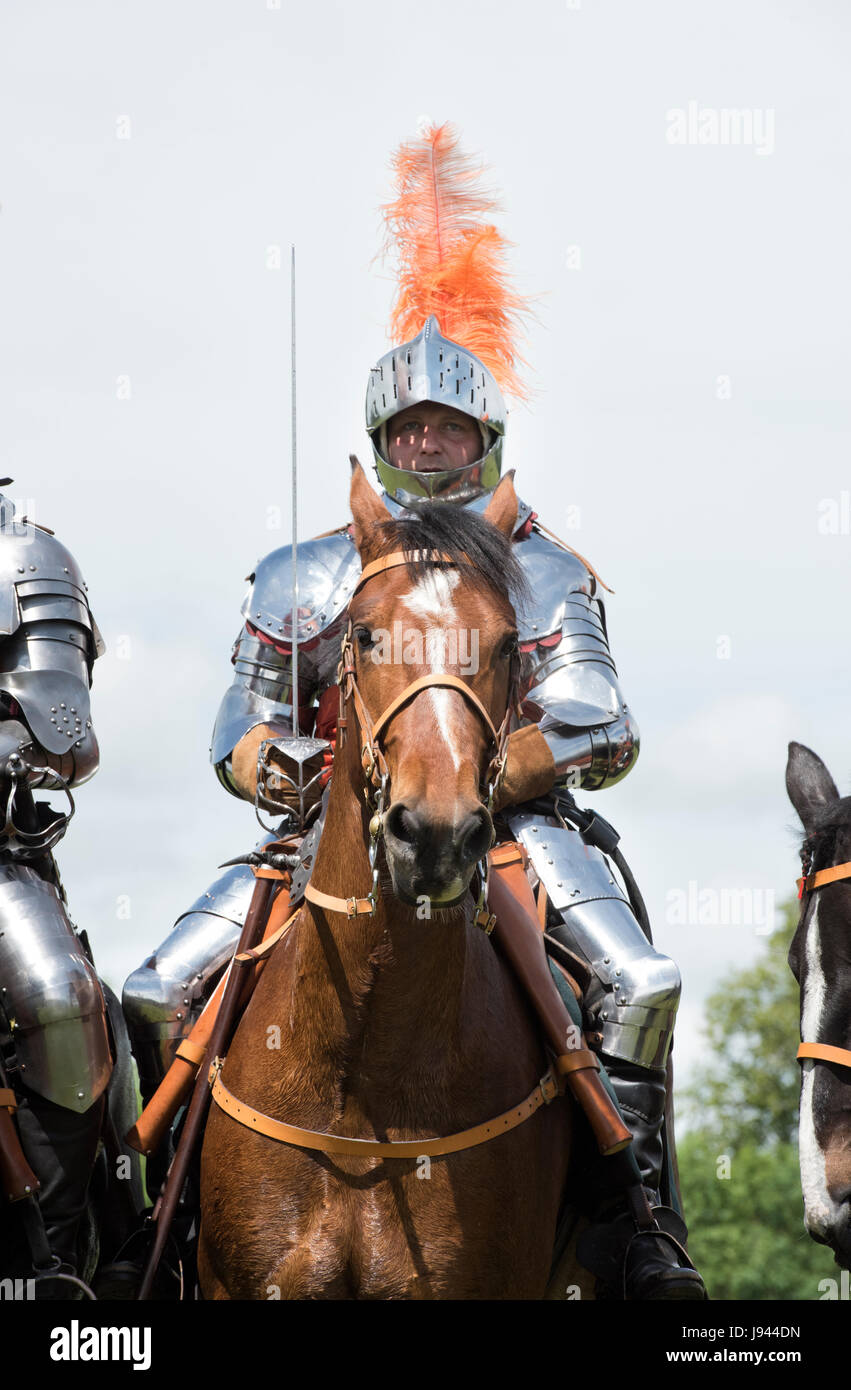 English civil war knight on horseback with a sword at a Sealed knot reenactment event. Charlton Park, Malmesbury, Wiltshire, UK Stock Photo
