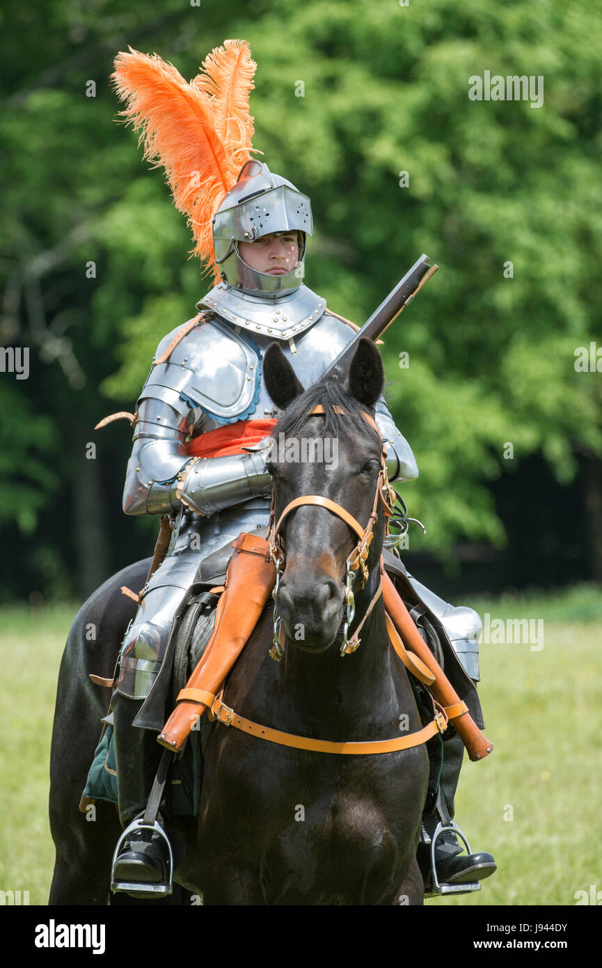 English civil war knight on horseback with a flintlock pistol at a