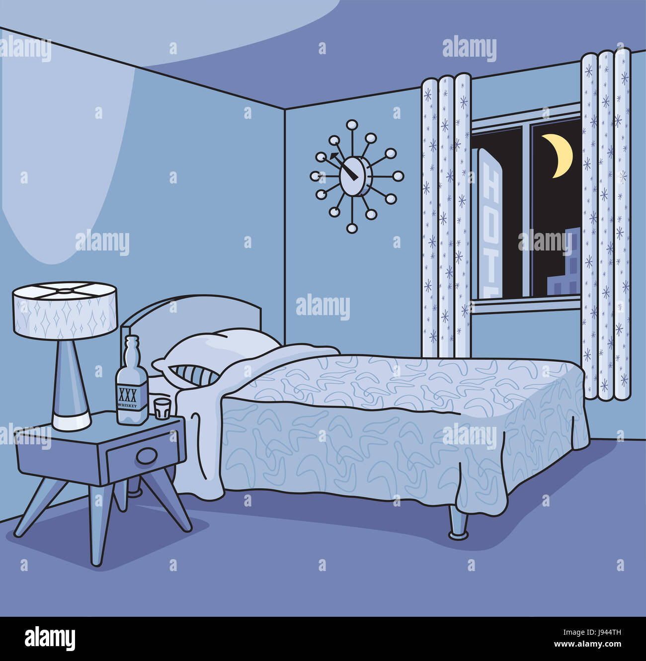 room, night, nighttime, vintage, hotel, empty, retro, vacant, blue,  furniture Stock Photo - Alamy