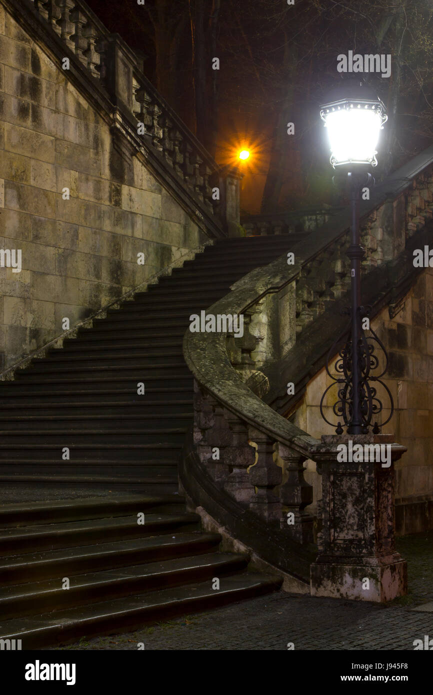 stairs, at night, night, nighttime, night photograph, bavaria, munich, Stock Photo