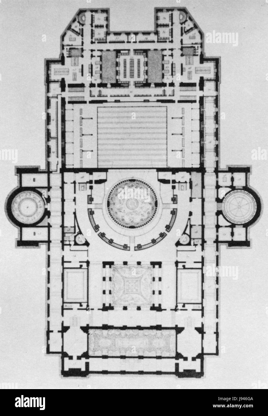 This is a 1969 architectural plan of the Palais Garnier in Paris, showcasing the highest floor level. The Palais Garnier, a famous opera house, is an example of French Baroque architecture and has influenced the design of many other opera houses worldwide. Stock Photo