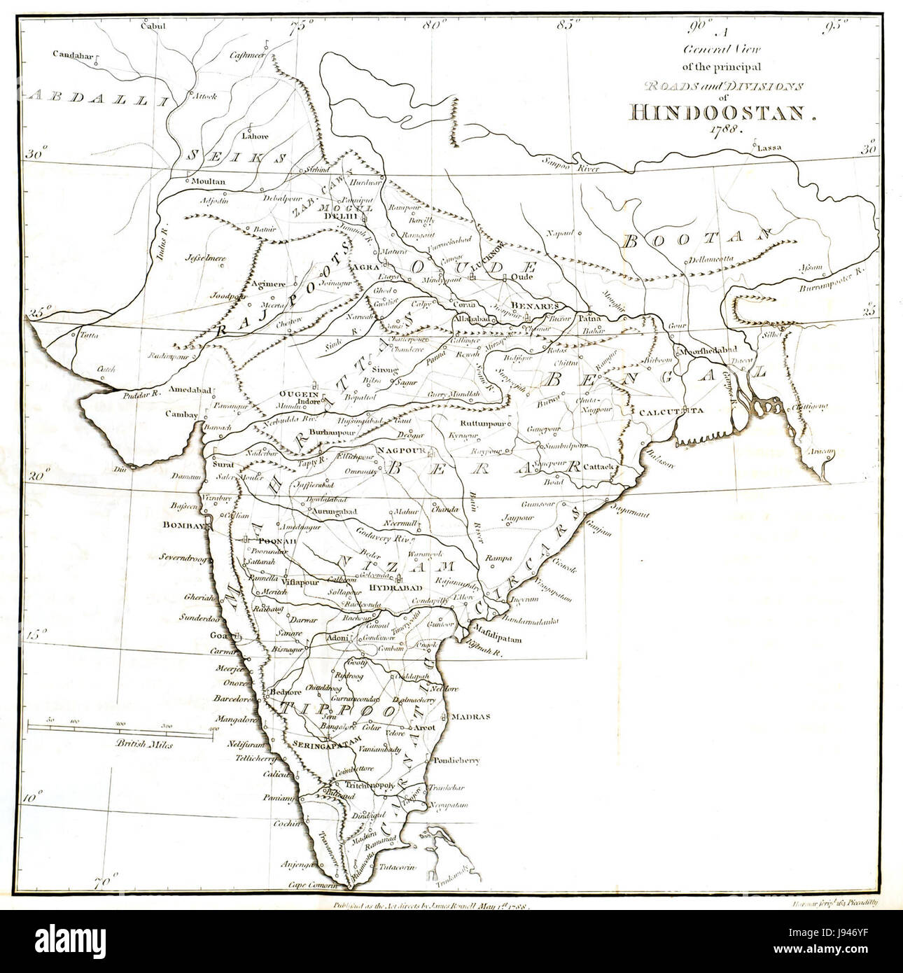 Principal roads and divisions of Hindoostan Rennell 1788 Stock Photo