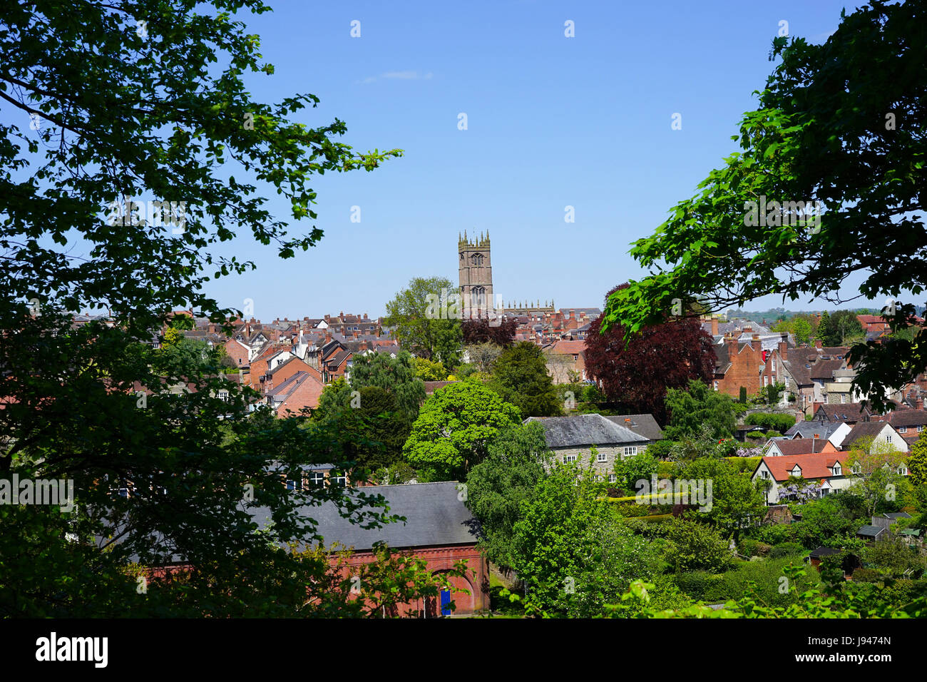 The market town of Lulow with the Parish Church of St Laurence in the centre, Shropshire, England, UK. Stock Photo