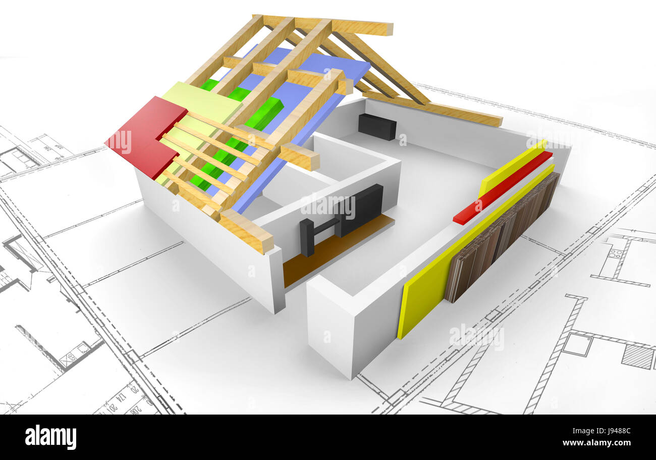 house - floor plan with roof - 3d Stock Photo