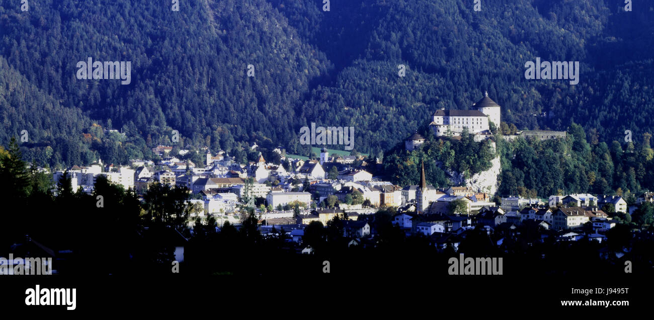 city, town, hill, mountains, austria, europe, style of construction, Stock Photo