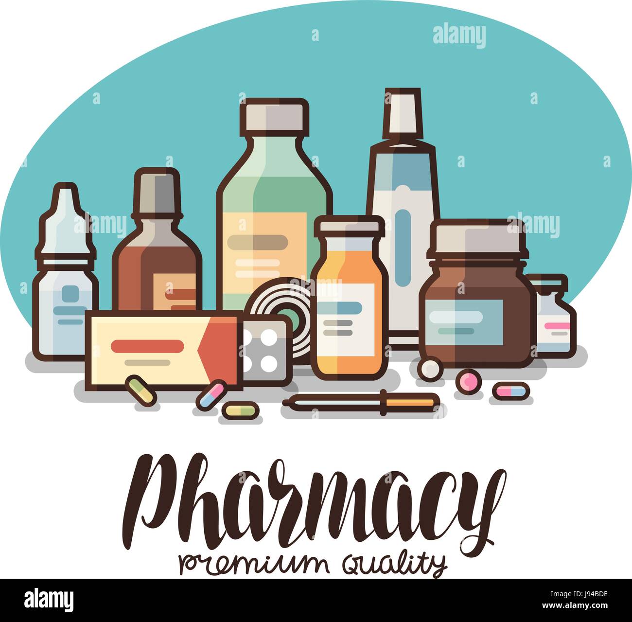 Pharmacy, drugstore label. Medical supplies, bottles liquids, pills, capsules icon or logo. Lettering vector illustration Stock Vector
