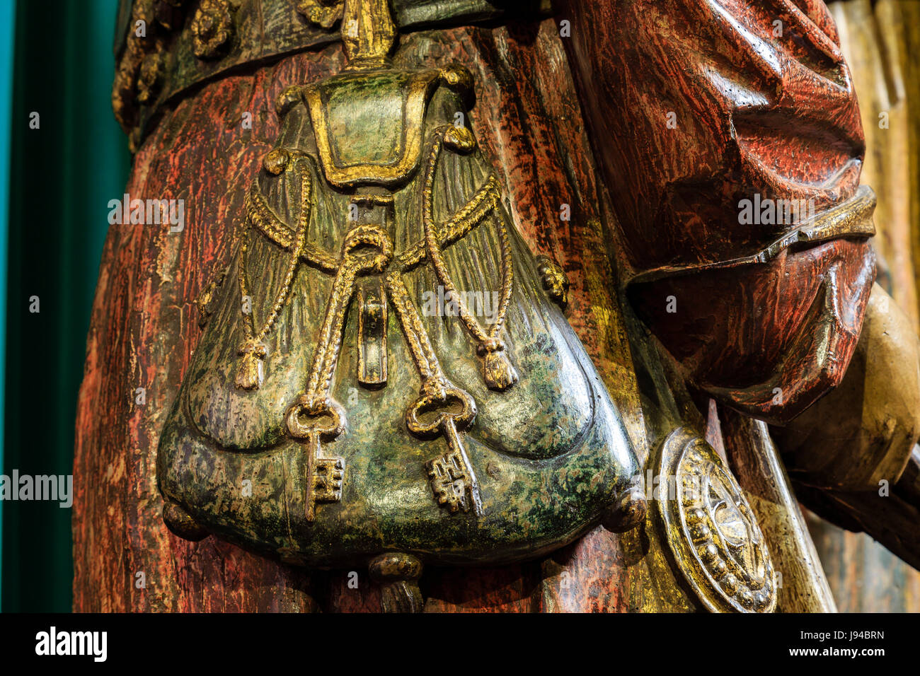 France, Tarn et Garonne, Moissac, Saint Pierre Abbey, (UNESCO), in the church, Entombment, detail, wallet or purse and keys of Joseph of Arimathea Stock Photo
