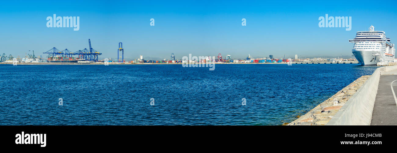 Cruise ship in Valencia's port, panoramic view Stock Photo