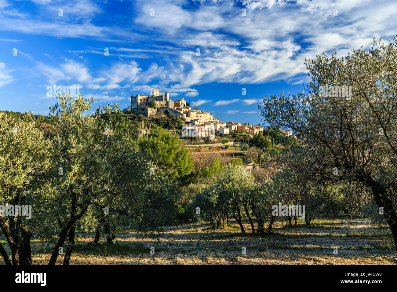 France, Vaucluse, Le Barroux, the village topped with the castle seen from an olive grove Stock Photo