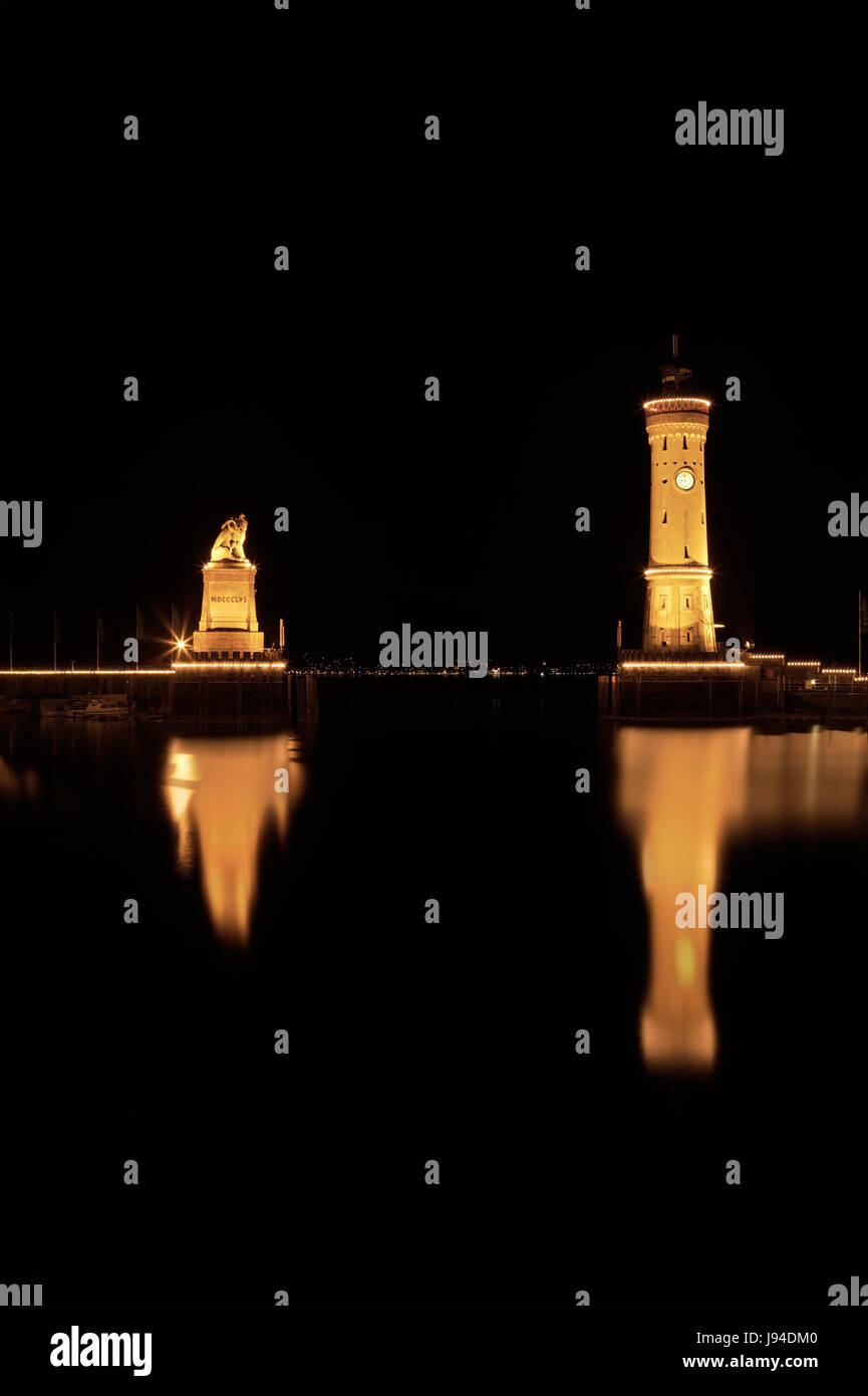in the port of lindau at lake constance in germany at night Stock Photo
