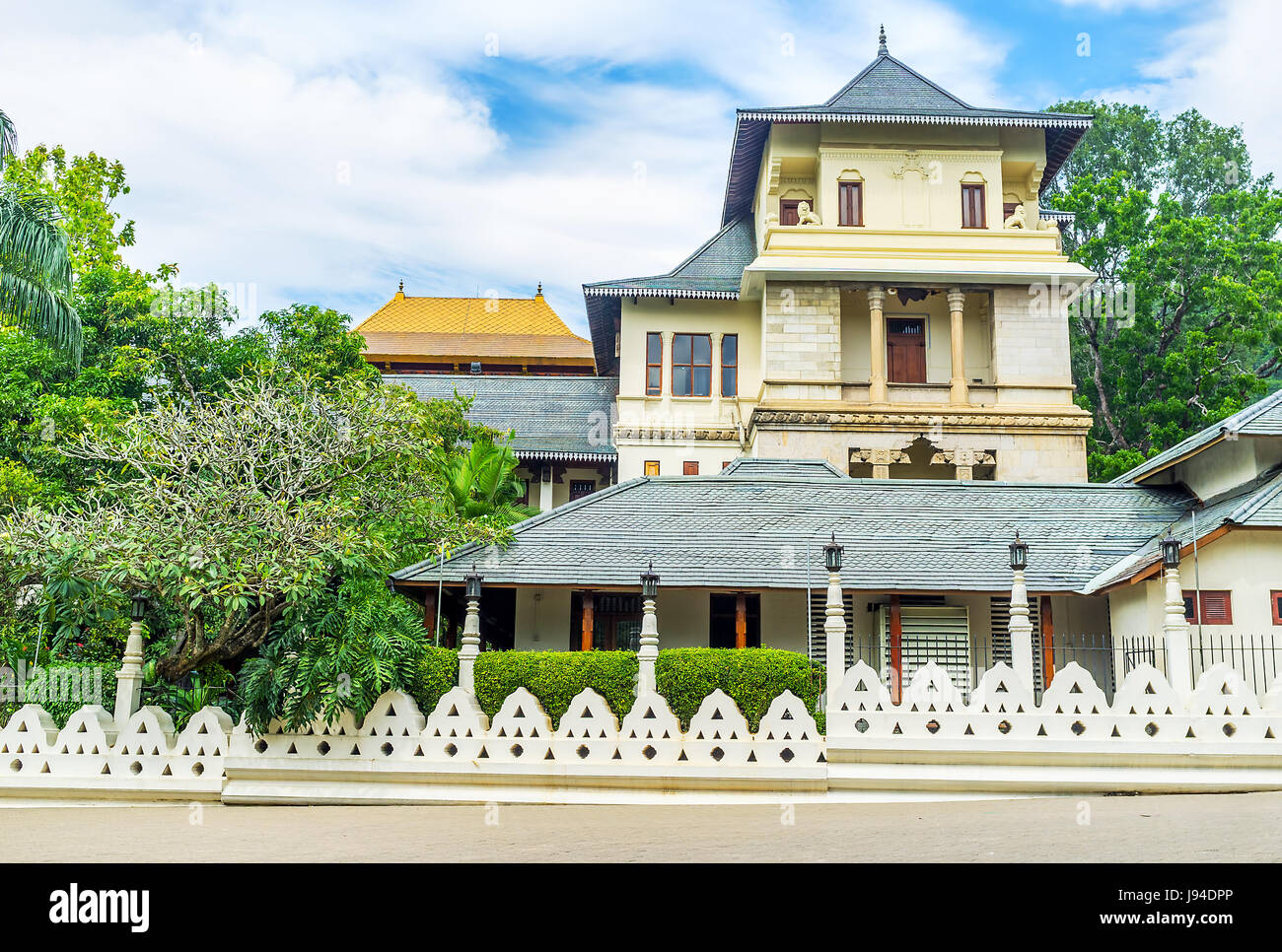 The view on beautiful edifice located next to the Sacred Relic Tooth Temple in Kandy, Sri Lanka Stock Photo