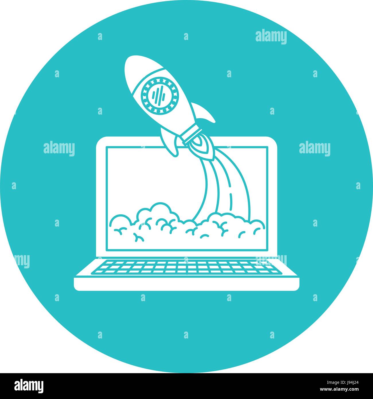 circle light blue with laptop computer and space rocket Stock Vector ...