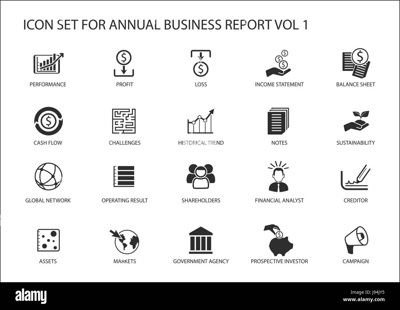 Simple flat design business icons for annual company business report Stock Vector
